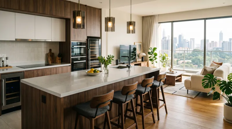 Elegant quartz kitchen island countertop in an open-plan Malaysian condo