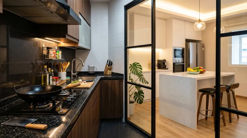 Malaysian home kitchen showing granite wet kitchen and quartz dry kitchen countertops side by side