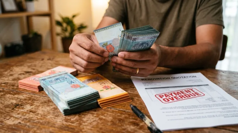 Stacks of ringgit cash and a renovation quotation document showing a large upfront deposit amount on a Malaysian homeowner's desk
