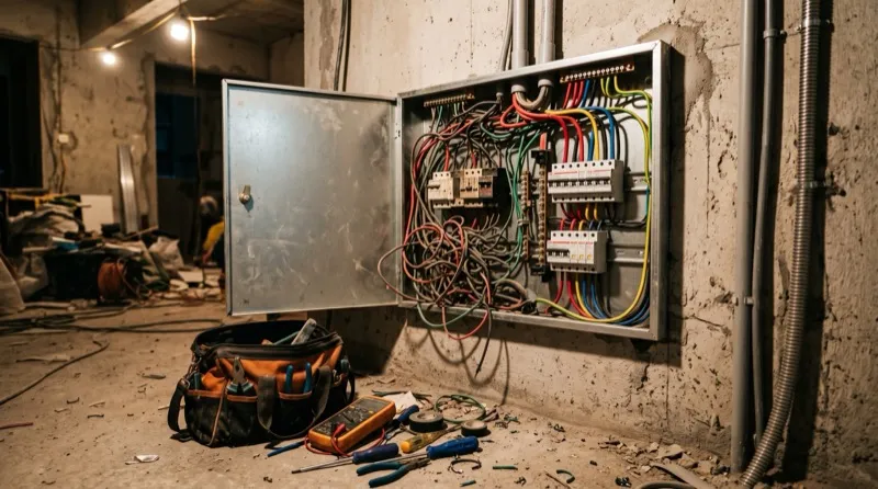 Exposed electrical wiring and overloaded DB box during a condominium renovation in Malaysia showing fire hazard