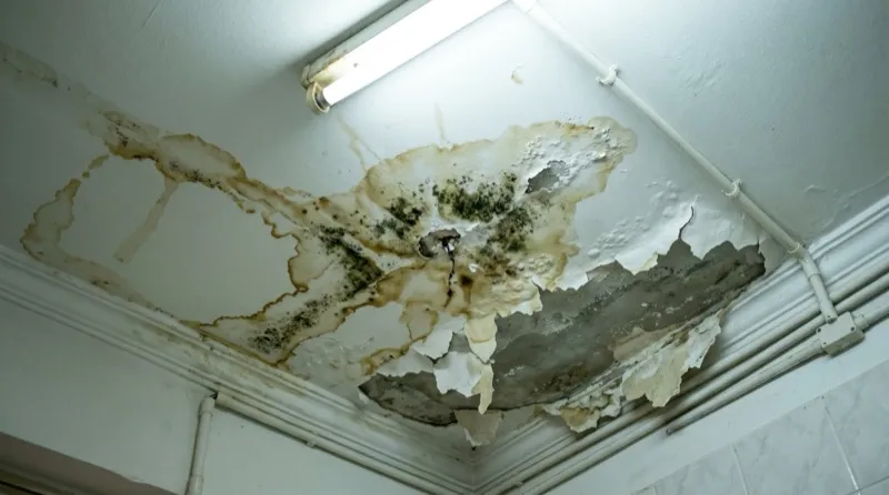 Water damage and mould on a bathroom ceiling caused by skipped waterproofing during renovation in a Malaysian condo