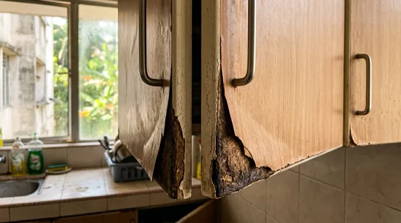Warped melamine cabinet doors and mould growth on wood surfaces caused by tropical humidity in a Malaysian kitchen