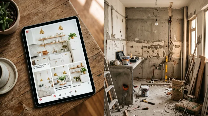 Split image of a glamorous Pinterest kitchen inspiration photo next to the reality of a mid-renovation Malaysian condo kitchen