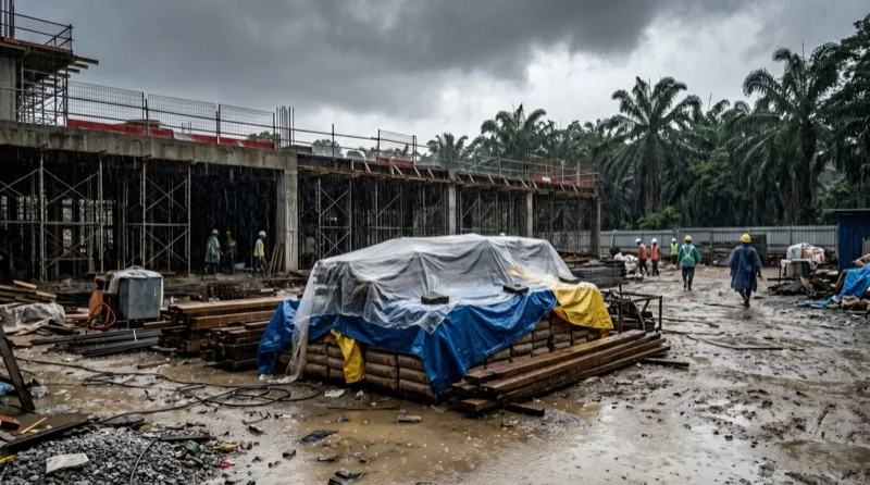 Malaysian renovation site with construction materials exposed to heavy monsoon rain through an open window