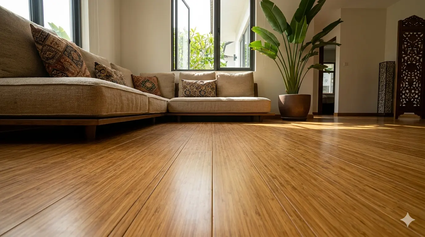 Honey-toned bamboo flooring in Malaysian living room — sustainable eco-friendly material for interior design