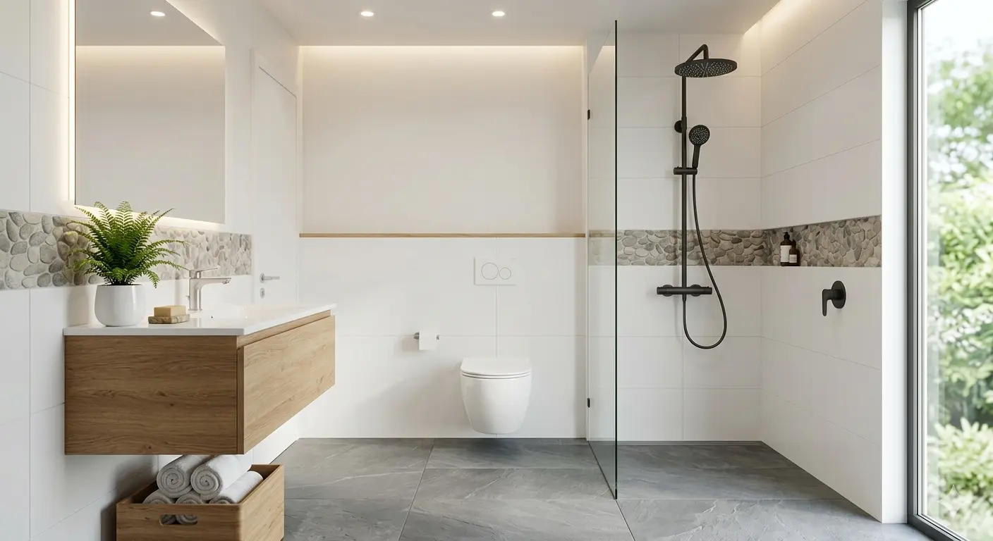 Eco-friendly bathroom with water-efficient dual-flush toilet, rainfall showerhead and floating wood vanity