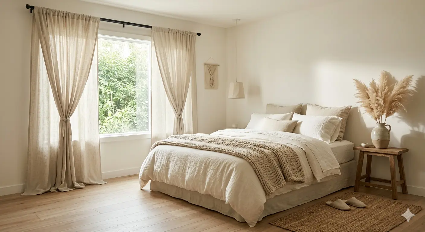 Bedroom with organic linen curtains and natural cotton bedding for sustainable interior design