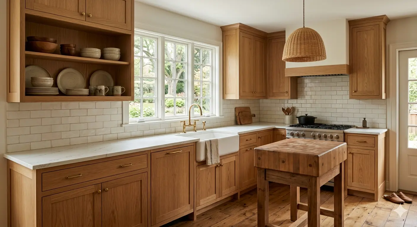 Timeless sustainable kitchen with FSC-certified oak cabinetry, open shelving and rattan pendant light