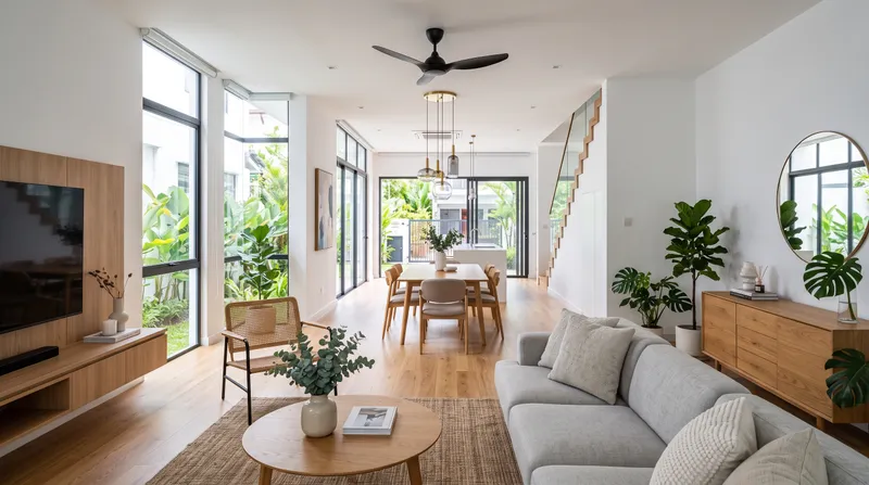 Renovated double-storey terrace house interior with modern open-plan living area in Malaysia