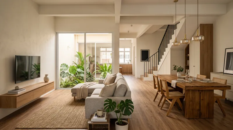 Modern open-plan living and dining area in a renovated Malaysian terrace house
