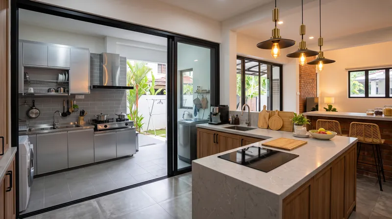 Extended rear kitchen in a Malaysian terrace house with wet and dry kitchen separation