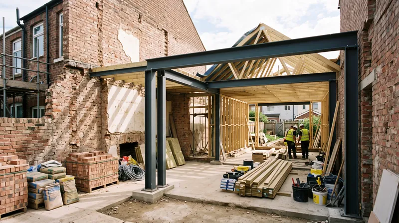Terrace house renovation construction in progress showing structural extension work